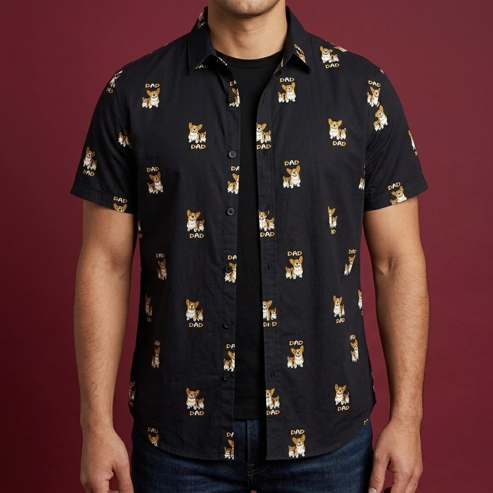 Denim & Flower Ricky Singh Corgi Dad Shirt Mens Medium Black Short Sleeve EUC